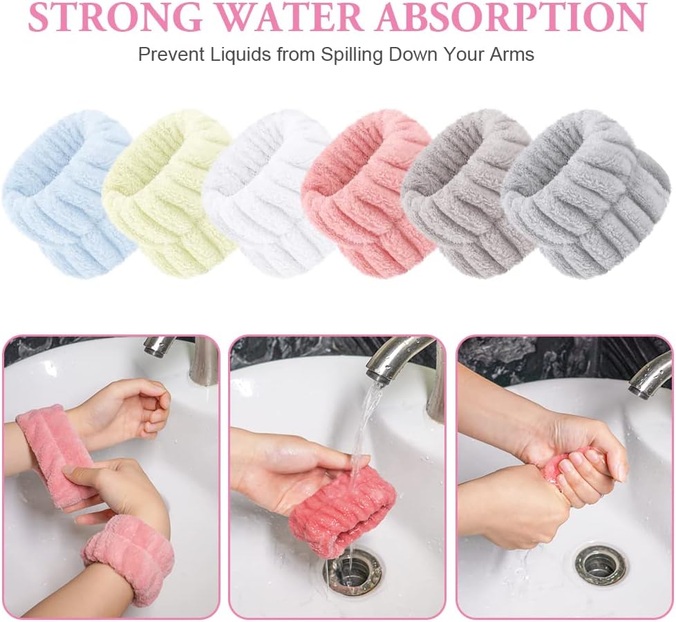 AOOWU Elastic Spa Wrist, 6 Pairs Face Wash Absorbent Bracelets Coral Fleece Bracelets, Makeup Bracelet Face Wash Bracelets for Spa Yoga Make-up