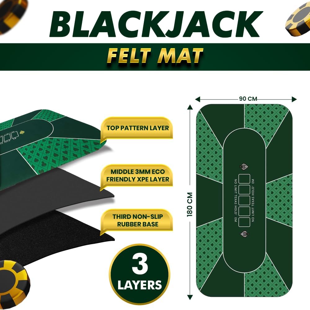 Poker Mat 70 x 35 Inch/180x90cm - 8-10 Players Texas Hold'em Poker Rubber Mat Poker Topper for Tables, Folding Portable Poker Table Top with Carrying Bag for Poker Games, Blackjack, Casino (Green)