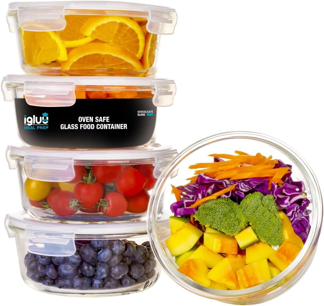 Igluu Meal Prep Glass Containers [5 PACK + EXTRA lid] - Glass Food Storage, Microwave, Oven, Freezer & Dishwasher-safe - Airtight Meal Prep Boxes with Snap Lock Steam Vent Lids, BPA-Free (950ml 32oz)