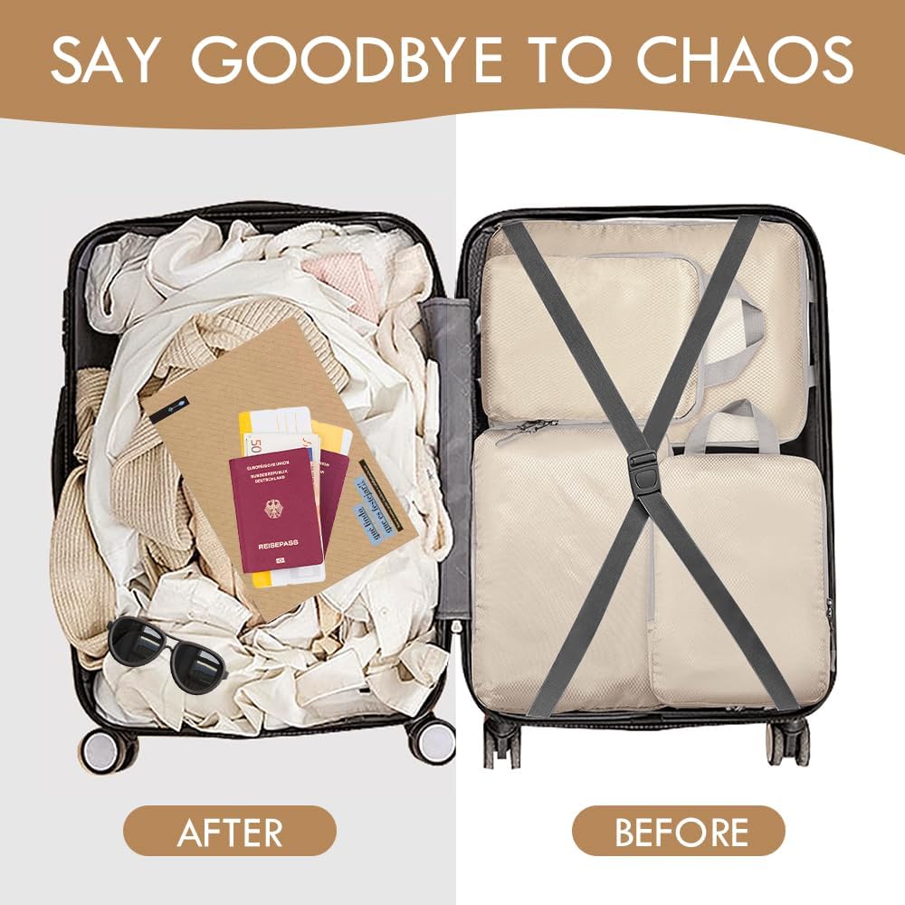 Bansga Suitcase Organizer, 4 Set Travel Organizer, Compression Packing Cube Space-Saving Expandable Ultralight Travel, Clothing Organizers Sacks Storage Suitcase Set-Beige