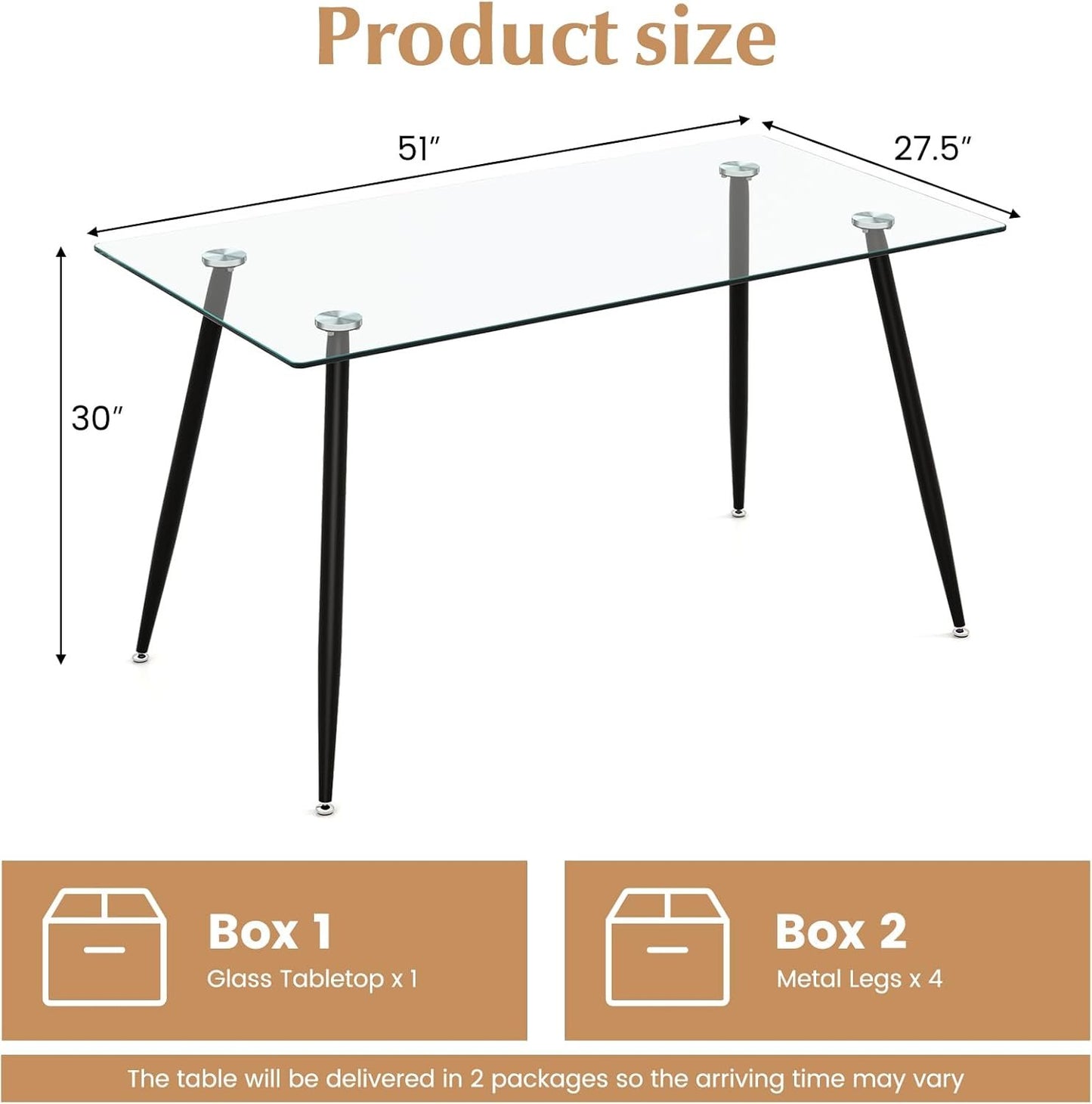 Tangkula Glass Dining Table for 4, 51" Modern Rectangular Table with Spacious Tempered Glass Tabletop & Wood Grain Steel Legs, Simplistic Kitchen Table, Versatile Table for Home Office