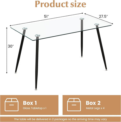 Tangkula Glass Dining Table for 4, 51" Modern Rectangular Table with Spacious Tempered Glass Tabletop & Wood Grain Steel Legs, Simplistic Kitchen Table, Versatile Table for Home Office