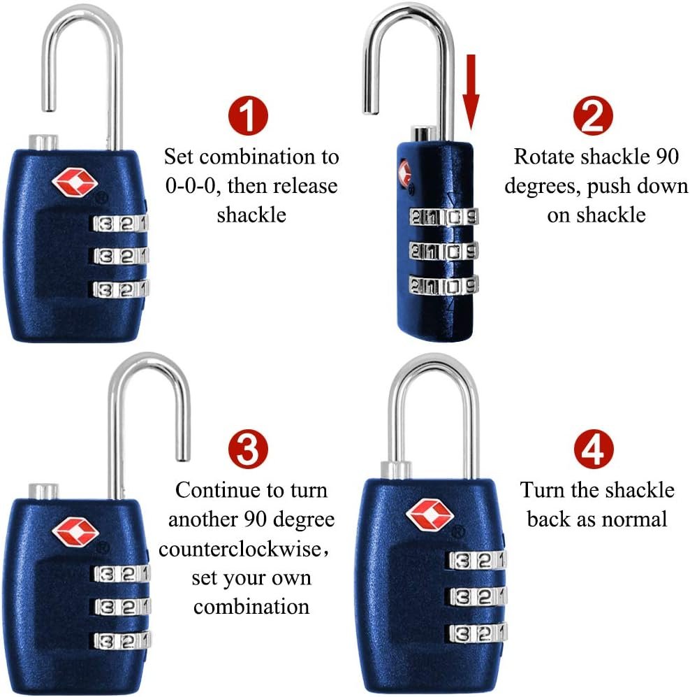 DanziX TSA Approved Lock and 4 Colors Stainless Steel Safety Tetherï¼Œ3-Dial Combination Travel Luggage Lock with Lanyard Security Cable for Protect Your Different Sizes of Suitcase,Baggage-Deep Blue