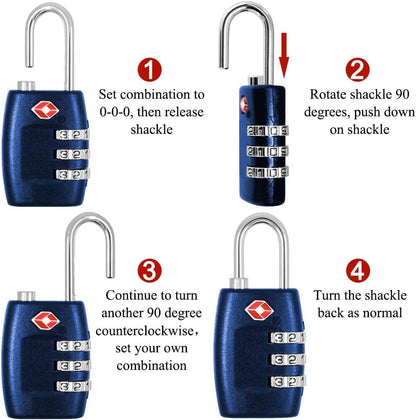 DanziX TSA Approved Lock and 4 Colors Stainless Steel Safety Tetherï¼Œ3-Dial Combination Travel Luggage Lock with Lanyard Security Cable for Protect Your Different Sizes of Suitcase,Baggage-Deep Blue