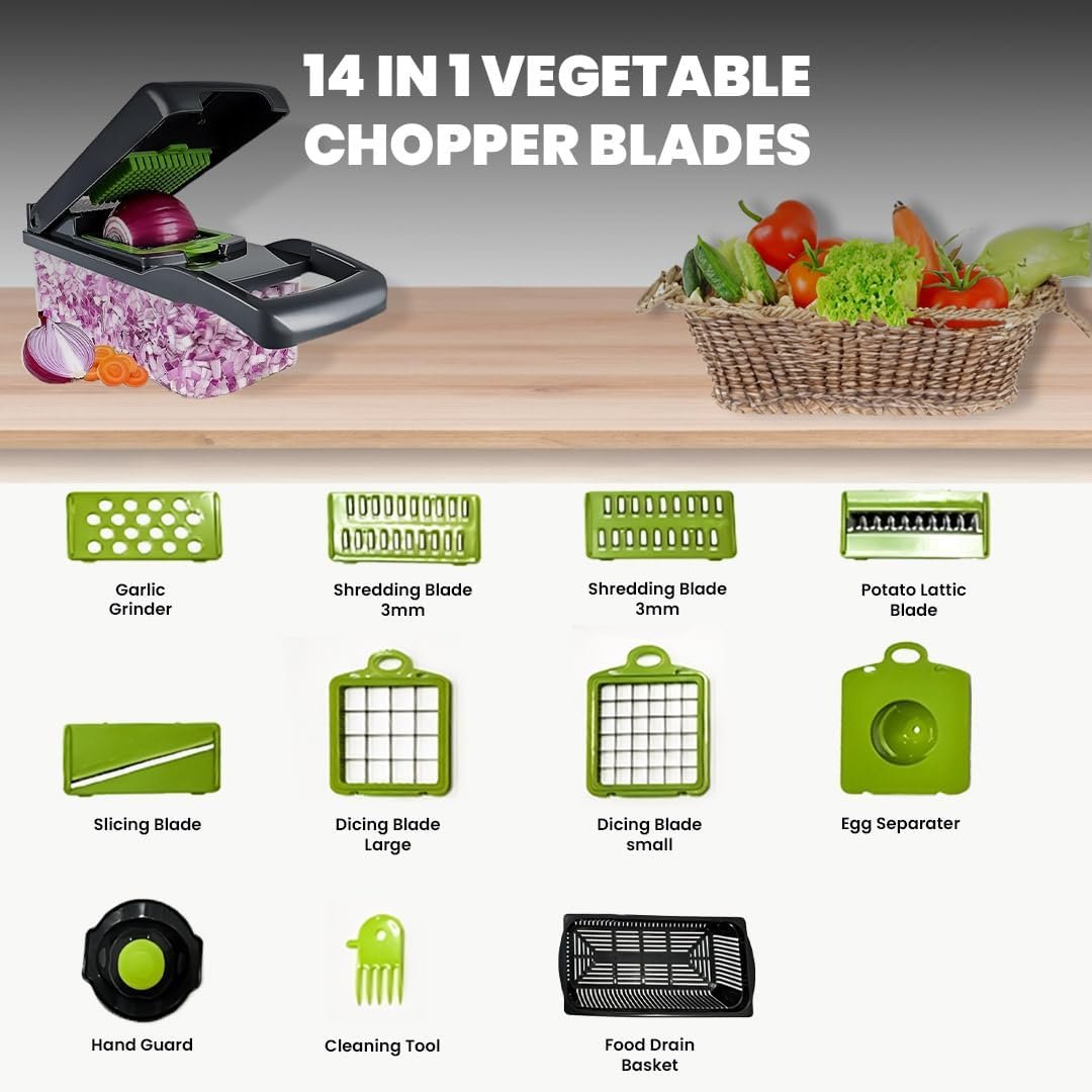 14-in-1 Vegetable Chopper, Mandoline Slicer and Food Processor - Kitchen Essentials for Effortless Food Prep - Includes Salad Spinner, Cheese Grater, Onion Chopper, French Fry Cutter, and More