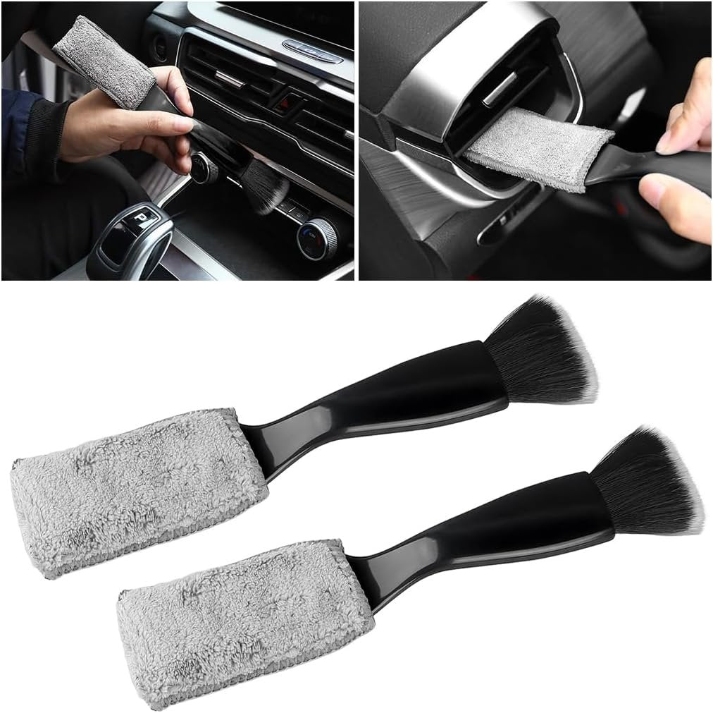 TSUGAMI Double Head Brush for Car Clean, 2PCS 2 in 1 Portable Soft Detail Brush for Cleaning Air Vent Dashboard, Multi-Functional Auto Interior Detailing Tool Accessories, Universal Fit (Black)