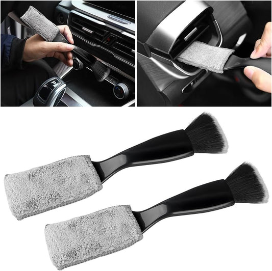 TSUGAMI Double Head Brush for Car Clean, 2PCS 2 in 1 Portable Soft Detail Brush for Cleaning Air Vent Dashboard, Multi-Functional Auto Interior Detailing Tool Accessories, Universal Fit (Black)