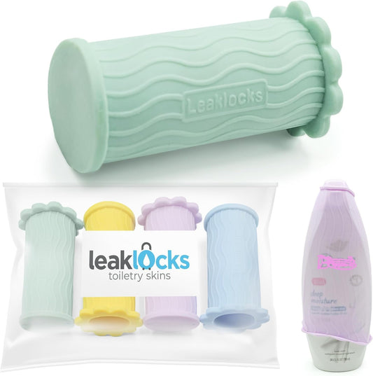 LeakLocks® Toiletry Skins™ Elastic Sleeve for Leak Proofing Travel Container in Luggage. For Standard and Travel Sized Toiletries. Reusable Accessory for Travel Bag Suitcase and Carry-on Luggage, 4 pk