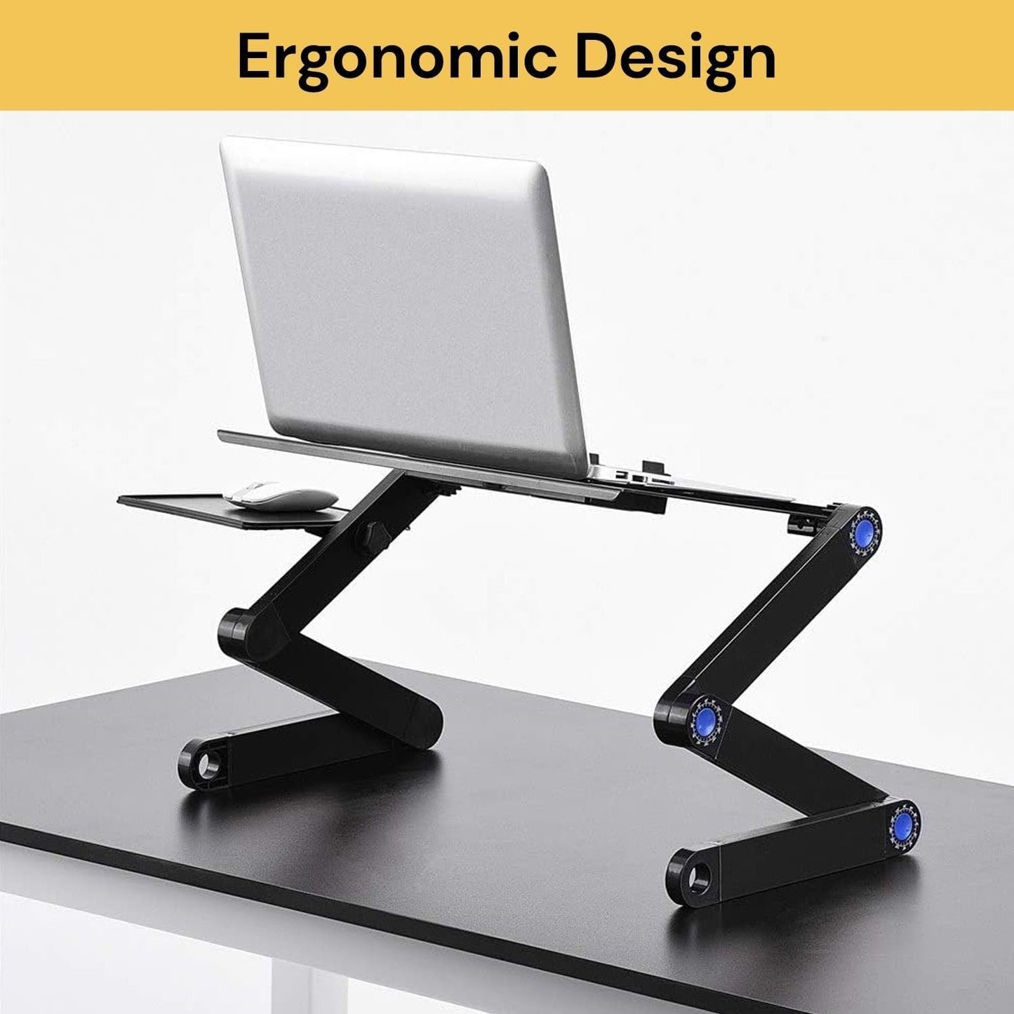 EZONEDEAL Desk Stand Table with Cooling Fan, Foldable Adjustable Aluminum Portable Laptop Stand Work Study Tv Bed Lap Tray Flexible Portable Reading Holder with CPU Fans Side-Mount Mouse Pad (Black)