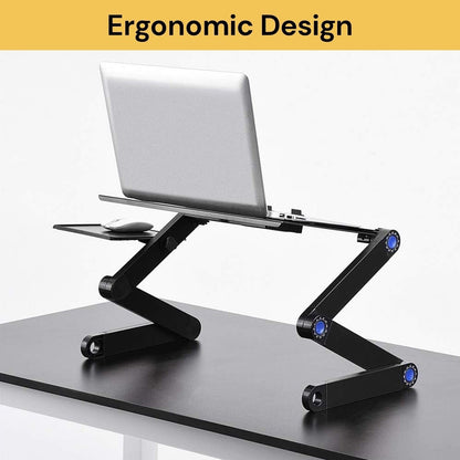 EZONEDEAL Desk Stand Table with Cooling Fan, Foldable Adjustable Aluminum Portable Laptop Stand Work Study Tv Bed Lap Tray Flexible Portable Reading Holder with CPU Fans Side-Mount Mouse Pad (Black)