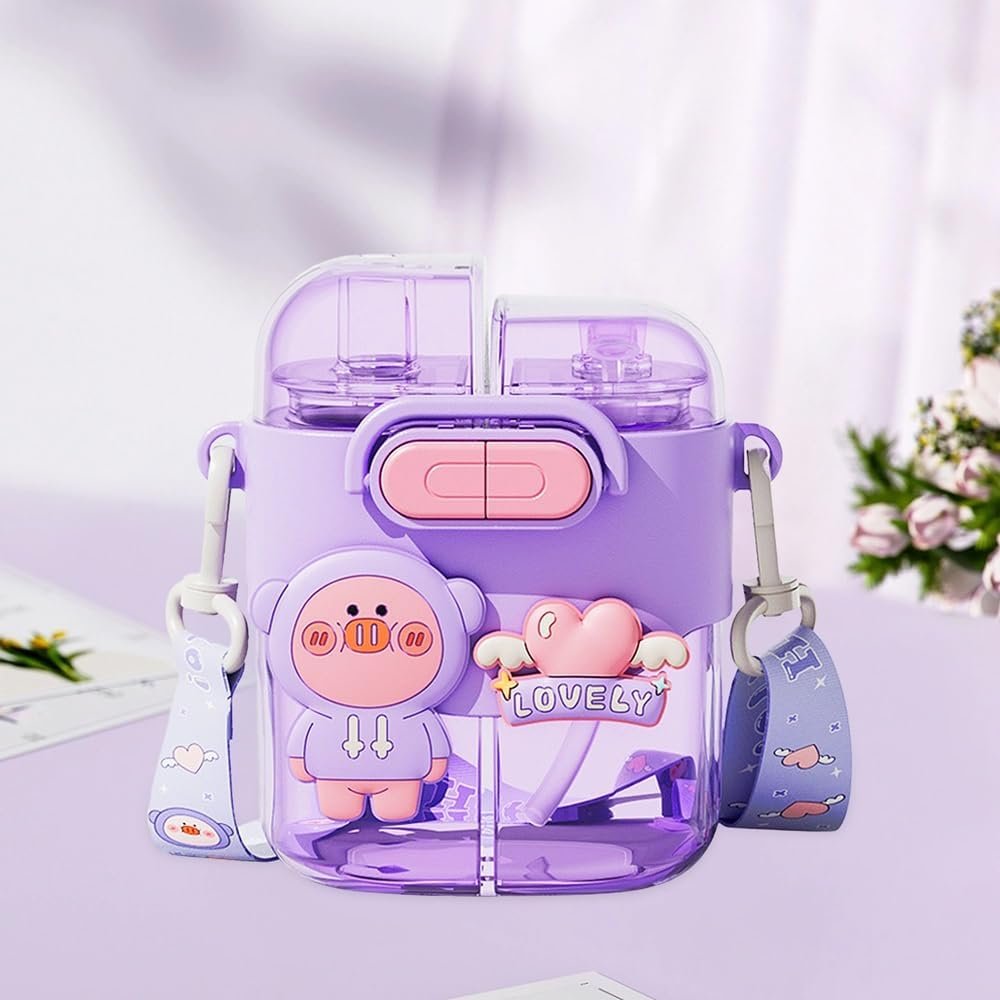 Chris. W Kawaii Water Bottle for Girls, 20oz Cute Water Bottles with Straw and Adjustable Strap, Two Different Drinks in One Cup, Cute Bunny Bottle with Bear and Heart for School Sport Travel, Purple