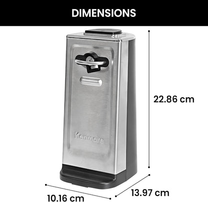 Kenmore Electric Can Opener - Extra-Tall, Smooth-Touch Side-Cut Blade, Safe Storage, Automatic Operation, Opens Regular & Pop-Top Cans, Camping Tool, Kitchen Gadget, Secure Grips, Black & Steel
