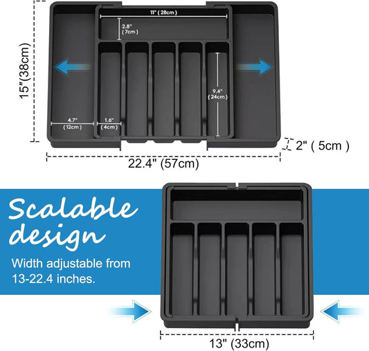 RayLove Utensil Drawer Organizer, Adjustable Cutlery Holder, Large Expandable Tray for Kitchen, Plastic Kitchen Spatula and Tool and Gadget Divider, Black