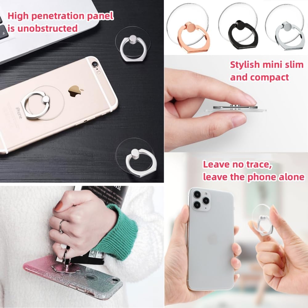 (2Silver+1Black+1Rose Gold) Cell Phone Ring Holder Stand Transparent Finger Grip Loop,Mount 360 Degree Rotation and 180 °Flip Phone Kickstand,Compatible with Universal Smart Phones,Tablet and Case