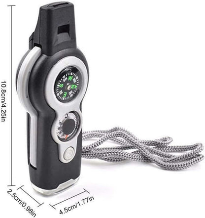 7 in 1 Multi-Function Compass, Outdoor Survival Safety Whistle Compass Thermometer LED Mirror Magnifying Glass Multitool for Camping, Hiking, Hunting, Fishing and Adventure