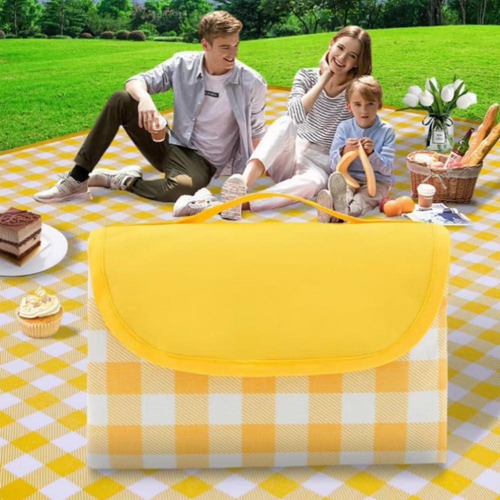 Luimode Picnic Blanket 200x200cm Camping Blanket Large Foldable Outdoor Blanket for Grass, Beach Blanket Waterproof Sandproof, Picnic Mat Washable Portable for Camping (Yellow)