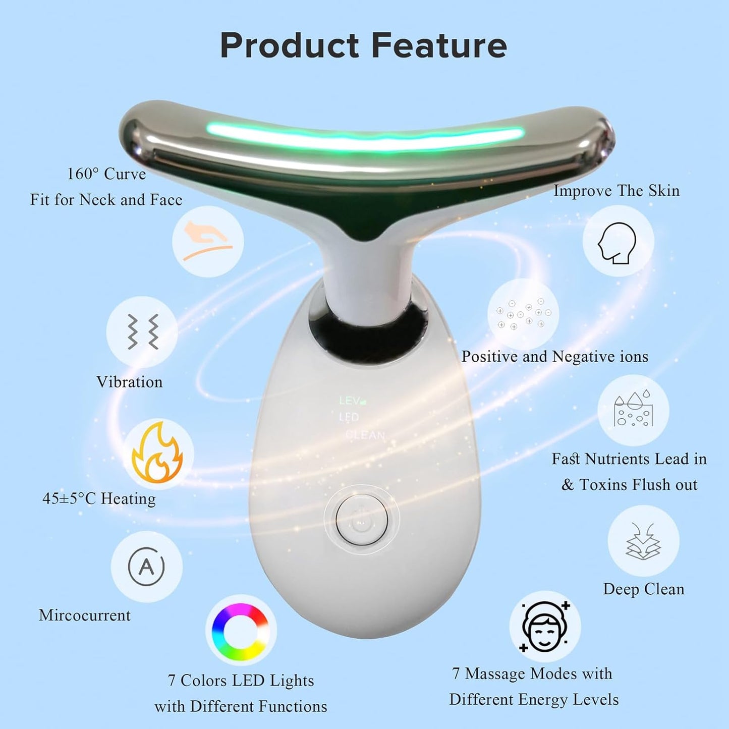 Anti-Wrinkle Neck Face Massager With 7 LED Colors,Facial Sculpting Tool,Skin Rejuvenation Device with Thermal,Triple Action LED and Vibration,for Anti-Aging,Lifting and Tightening