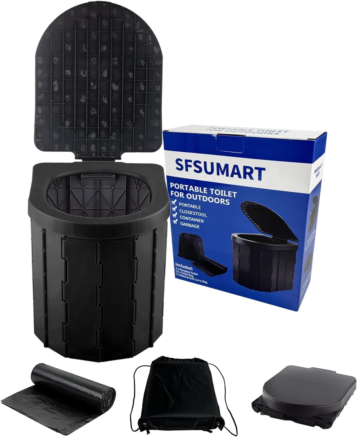 Portable Emergency Toilet for Outdoors& Indoors, SFSUMART Foldable Potty & Stool for Car Camping Travel Hiking Fishing Long Trips