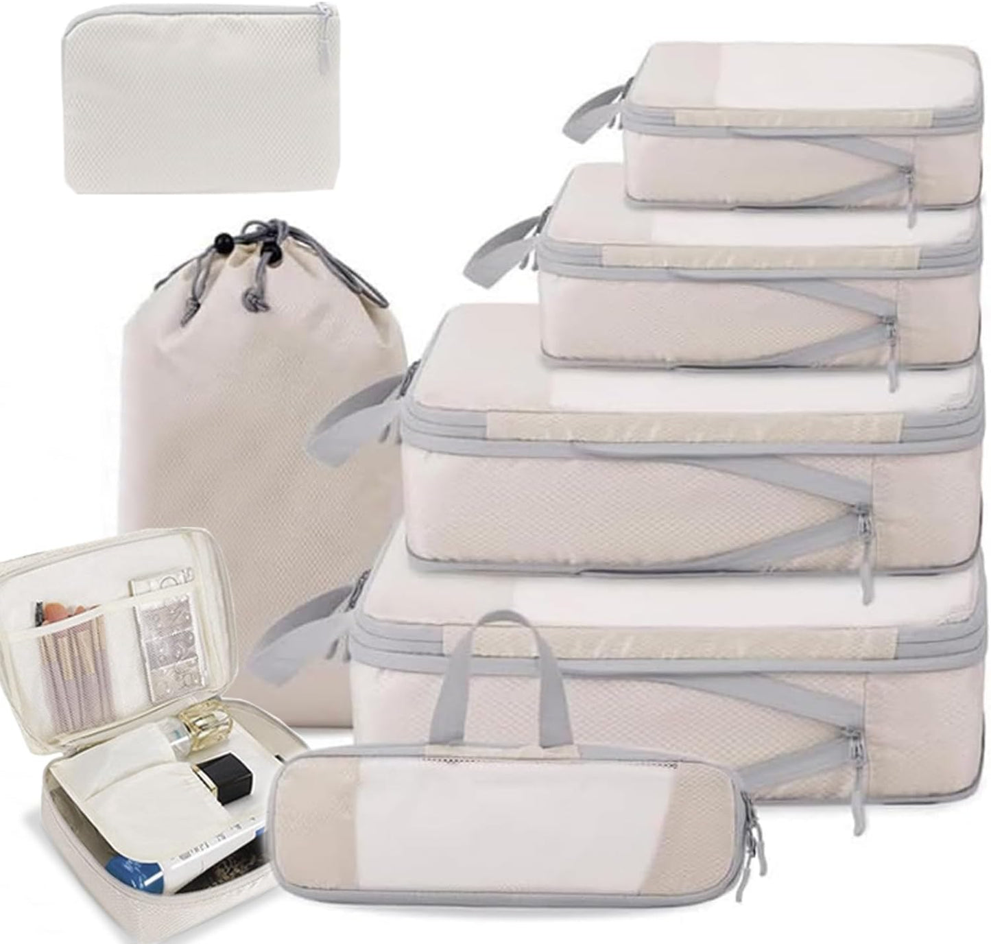 Rantuia 8 Piece Travel Storage Bag Set - Lightweight Compression Packing Cubes for Travel, Waterproof Nylon Material, Scratch-Resistant, Breathable - Luggage Organizer Pouches Off White