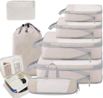 Rantuia 8 Piece Travel Storage Bag Set - Lightweight Compression Packing Cubes for Travel, Waterproof Nylon Material, Scratch-Resistant, Breathable - Luggage Organizer Pouches Off White