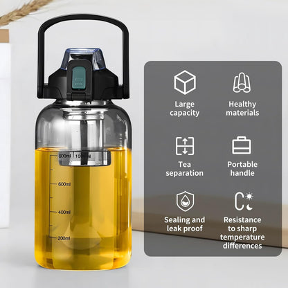 Yenergy Glass Water Bottles, 900ml Clear Glass Water Bottle with Stainless Steel Tea Infuser, Volumetric Scale, Sports Drinking Cup and Removable Straw, Black, 900ml
