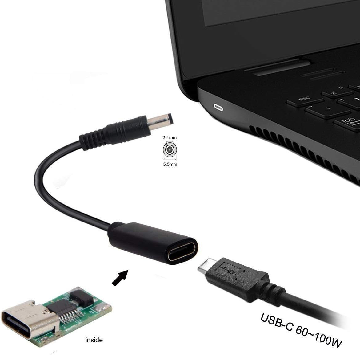 Cablecc Type C USB-C Female Input to DC 5.5x2.1mm Power PD Charge Cable fit for Laptop 18-20V