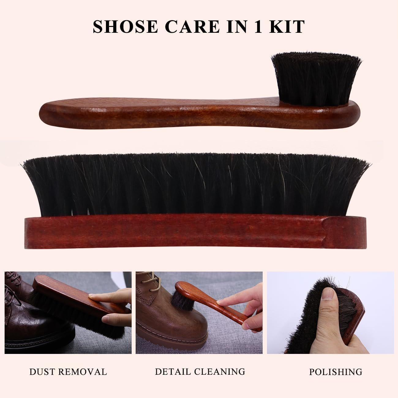 Horse Hair Shoe Brush Shoe Cleaning Brush Kit Horsehair Leather Boots Polish Shine Cleaner Brush Dauber Applicator (Black)