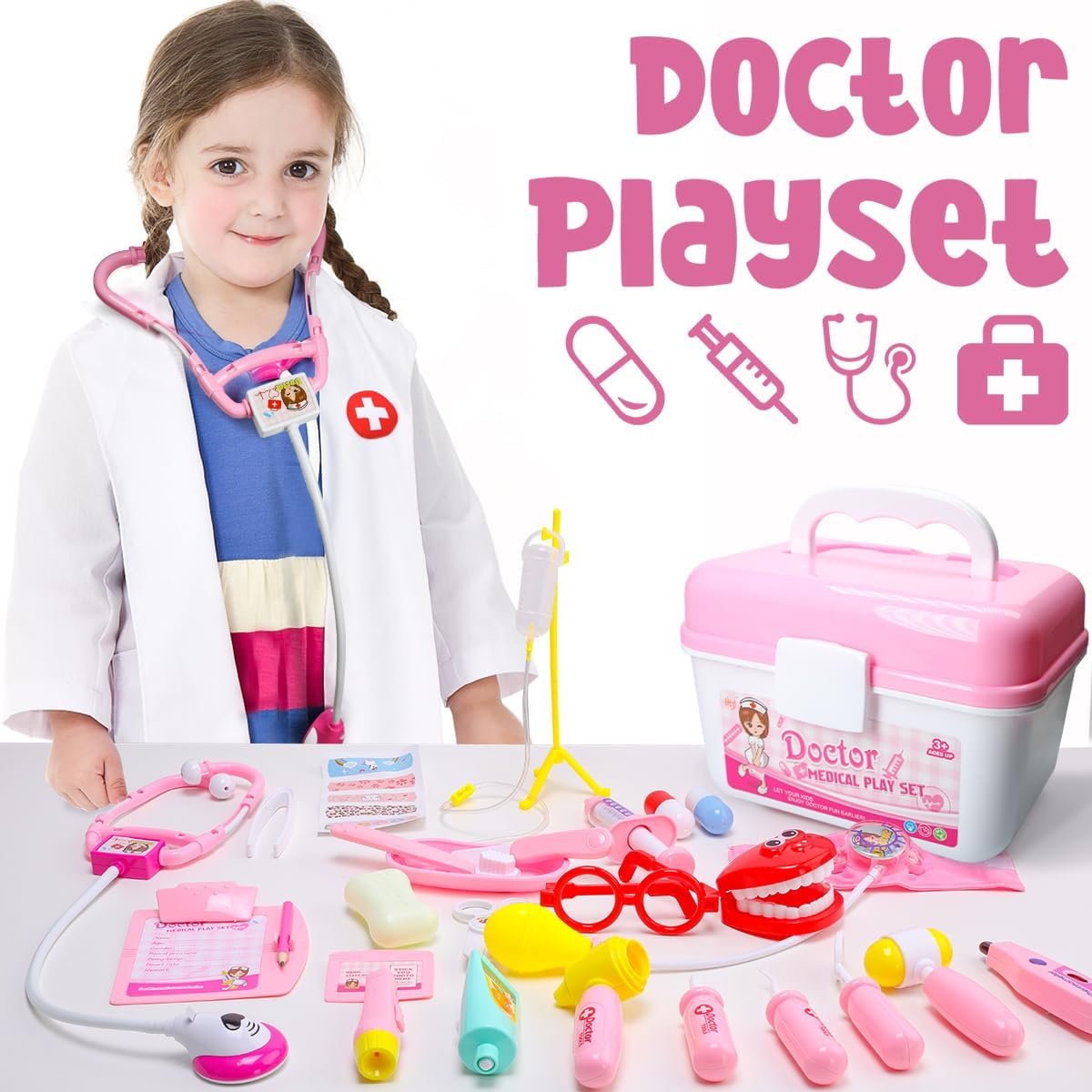 LOYO Doctor Kit Kids - Dentist kit for Kids, Doctors Play Set with Doctor Costume, Pretend Play Toddler Toy for 2 3 4 5 6 7 Years Old Girls Boys Birthday Gifts (Pink)