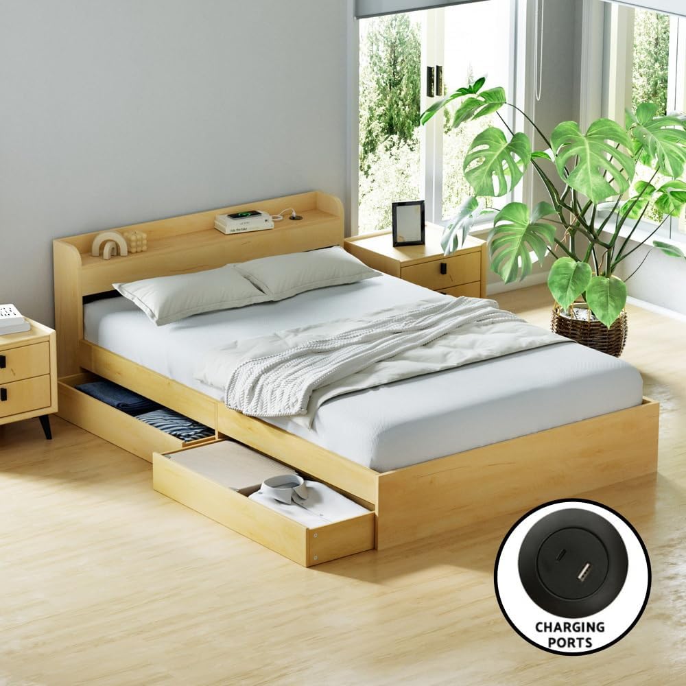 Artiss Double Bed Frame with 2 Storage Drawers, Platform Bed with Headboard, Bed Base with USB Ports, Sturdy Wooden Slat Support, 300KG Capacity Guest Bed for Bedroom Furniture, Easy Assembly