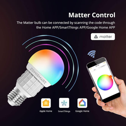 Smart Light Bulbs E27 7W RGBCW WiFi Light Bulb, Matter-Certified, Dimmable Led Light, 2.4GHz Only, Compatible with Alexa Google Home Homekit (1)