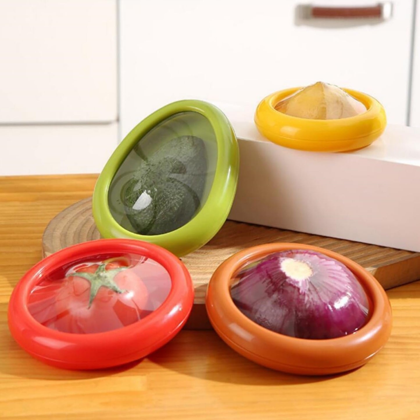 4PCS Fruit And Vegetable Storage Containers,Onion Storage Container, Avocado keeper,Tomato Saver,and Lemon holderï¼ŒVegetable Sha Transparent Film Reusable Food Saver Set for Fridge