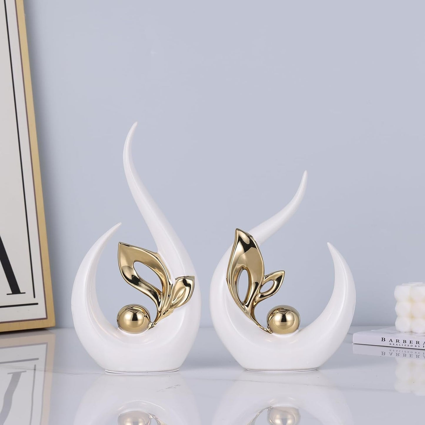 White Gold Abstract Sculptures Home Decor, Ceramic Art Statue Cool Stuff to Put on Shelves&tv Stand Decor, Gold Accent Entertainment Center Decor, Ideal Fireplace Coffee Table Dining Table Decor