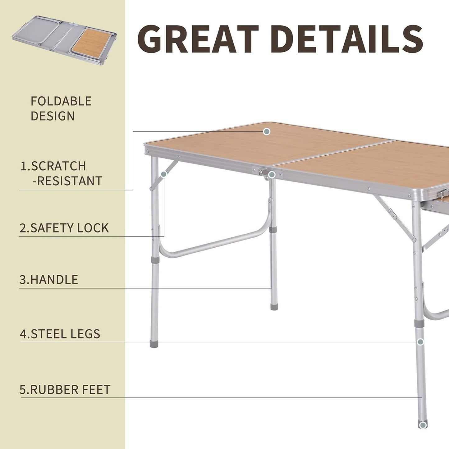 Outsunny 4ft Picnic Table with Slide Shelf Outdoor Portable Aluminum Folding Table 2 Adjustable Height Light-Weight Camping BBQ Party Dining Table w/Carrying Handle
