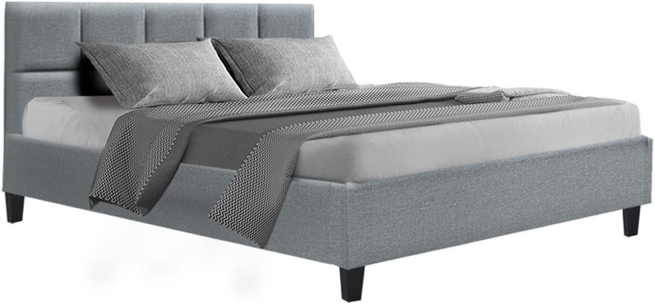 Artiss Queen Bed Frame Platform Checkered Headboard Wooden Beds Base Frames Bedroom Room Decor Home Furniture, Upholstered with Grey Faux Linen Fabric + Foam + Wood, Modern Design