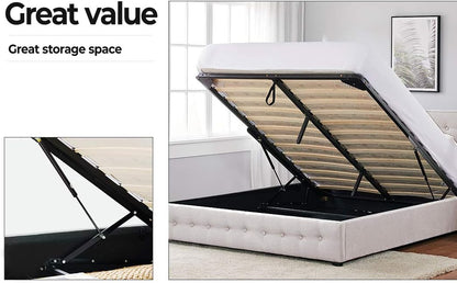 Levede Bed Frame Base with Gas Lift Storage Double Size Beige Platform Fabric