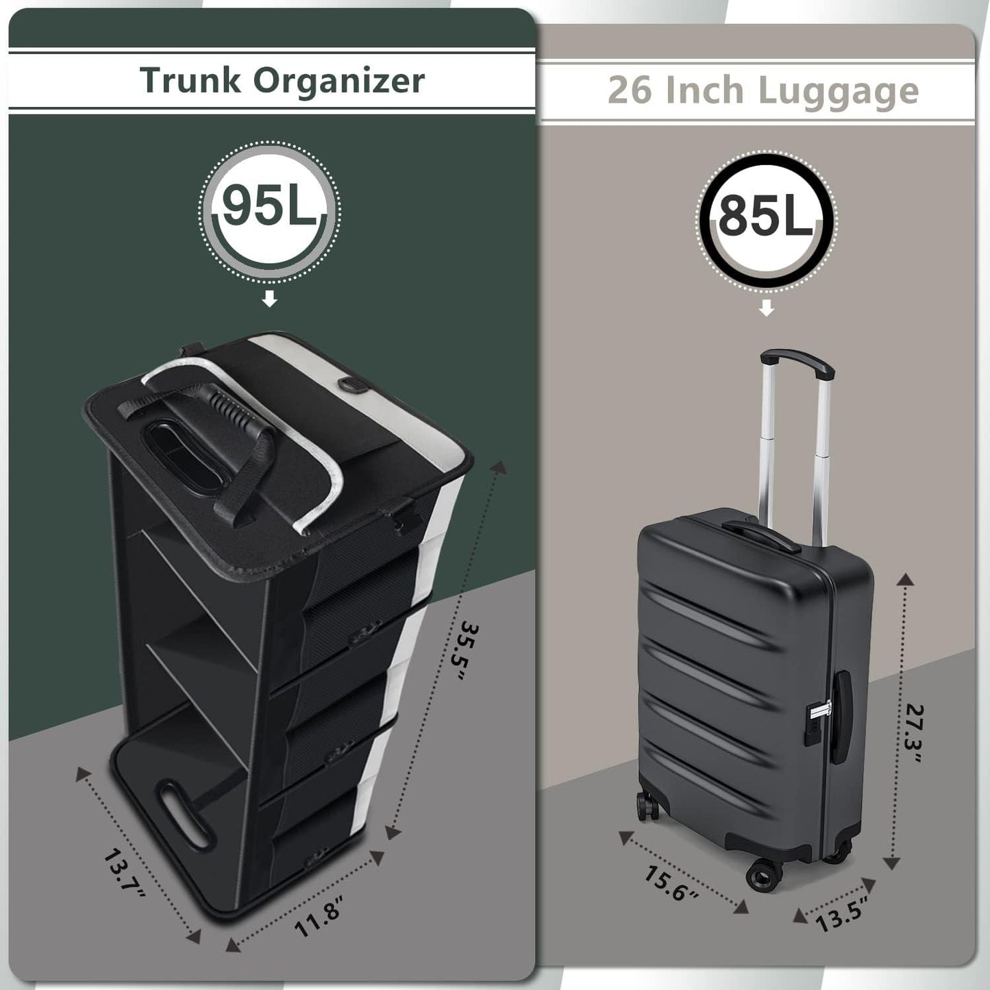 AOPHY Trunk Organizer for Car, 95L Large Capacity Storage with Non-Slip Bottom Strips and 2 Retractable Straps, Cargo Organizer for Suv, Truck, Sedan, Waterproof Portable Car Organizers for Women Men