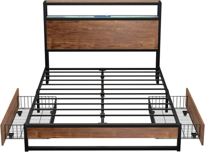Oikiture Doubel Bed Frame with Led Light and Charge Station Metal Bed with 2 Drawers