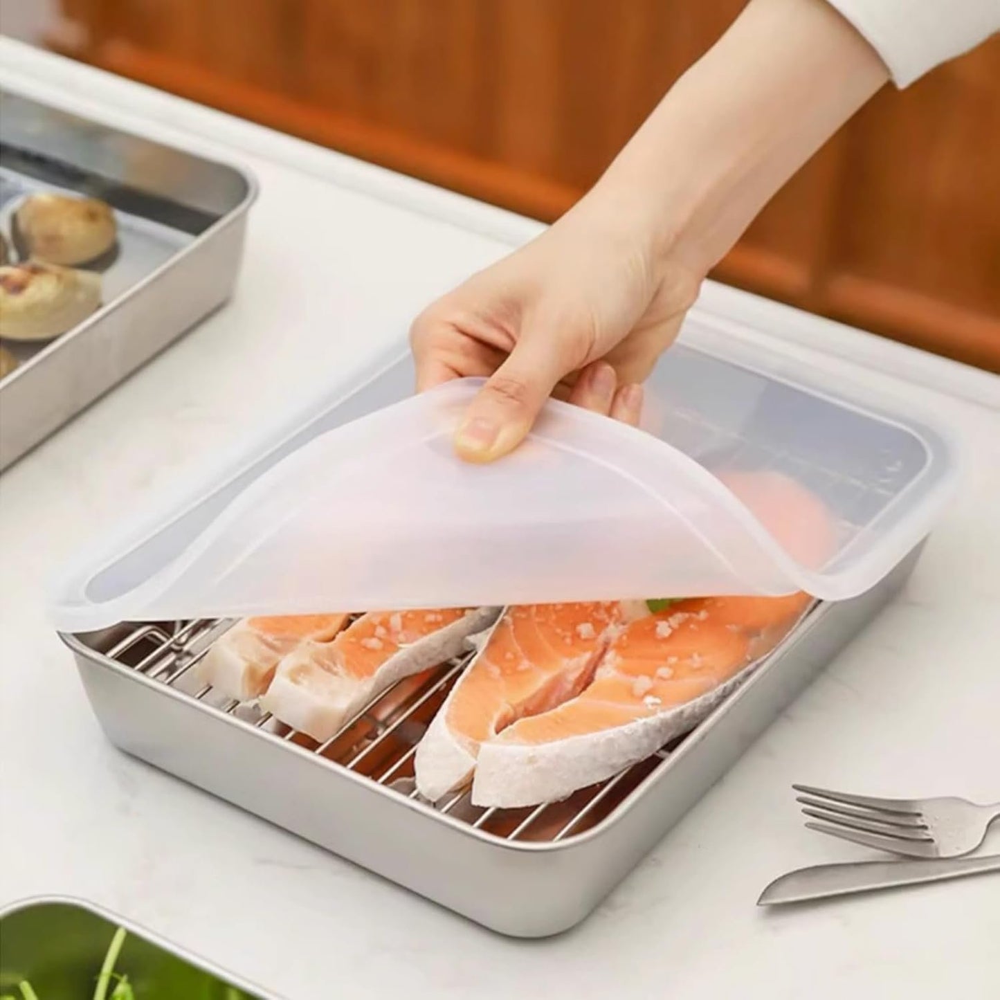 ATRDTO Stainless Steel Rectangle Food Storage Box Container, Leak Plastic Lid Dishwasher Safe - Plastic Free -Clear Lid (6)