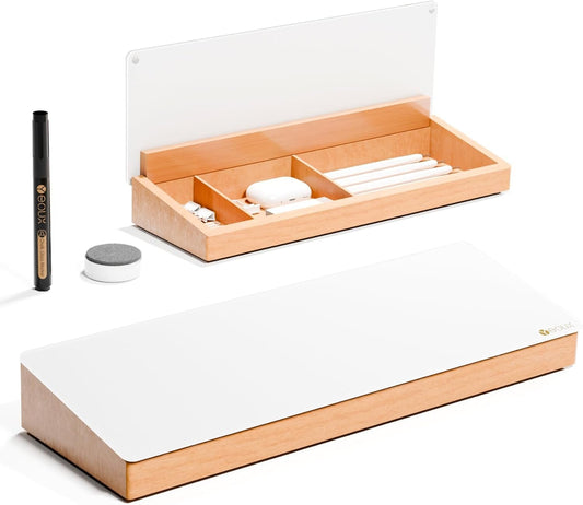 Desk Glass Whiteboard with Wooden Organizer Box for Office Supplies Storage, Computer Keyboard Stand, Desktop Dry Erase White Board with Drawer for Stationary, Marker & Eraser Included, Yeoux