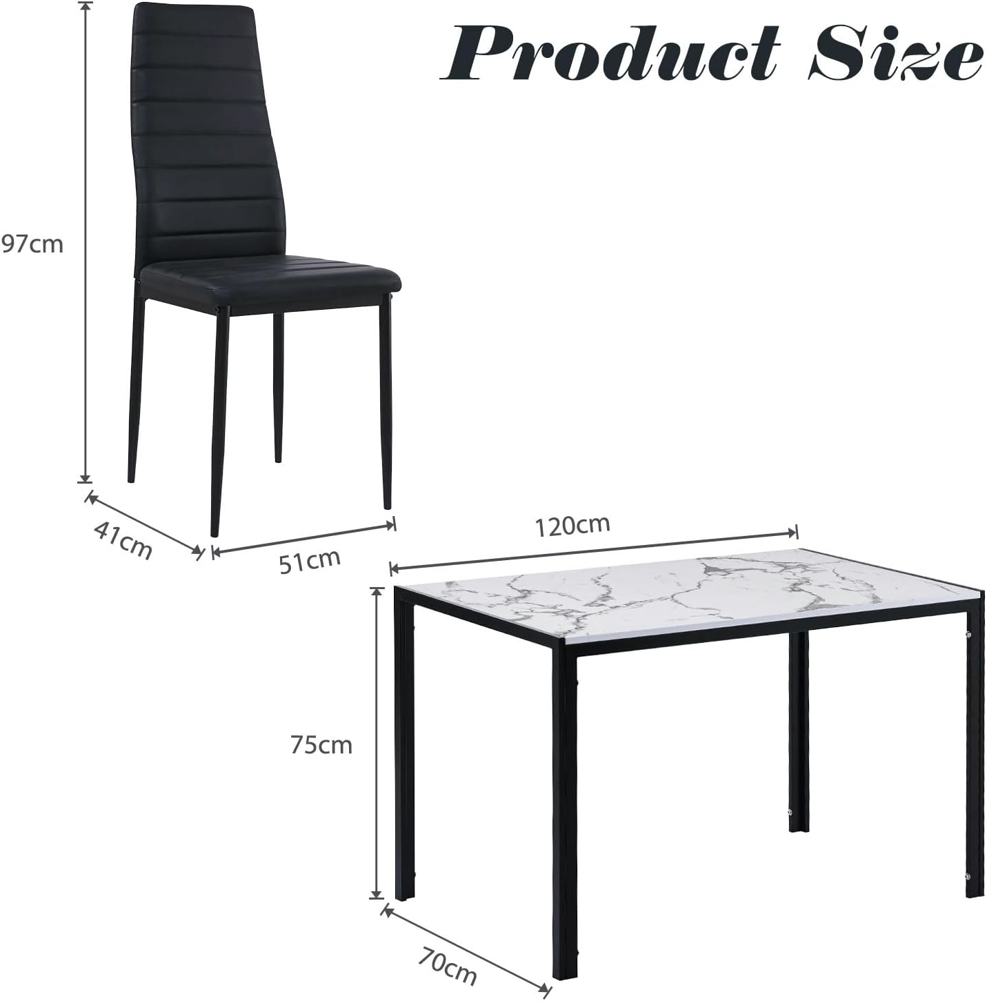 Luxsuite 7pcs Dining Table Set Marble Tabletop Rectangular 120cm High Gloss Marble Effect Top Dinner Tables 6 Seater with Tapered Metal Legs Dining Room Home Lounge Kitchen Black & White