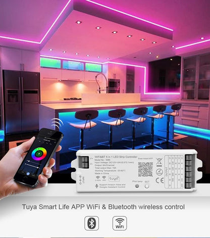 FCOB 5in1 WB5 2.4GHz WiFi PWM LED Controller Compatible with Alexa Google Home Smart Life Tuya Smart APP Control for Dimming CCT RGB RGBW RGBCCT LED Strip Work with WR01RF WR02RF etc RF Remote