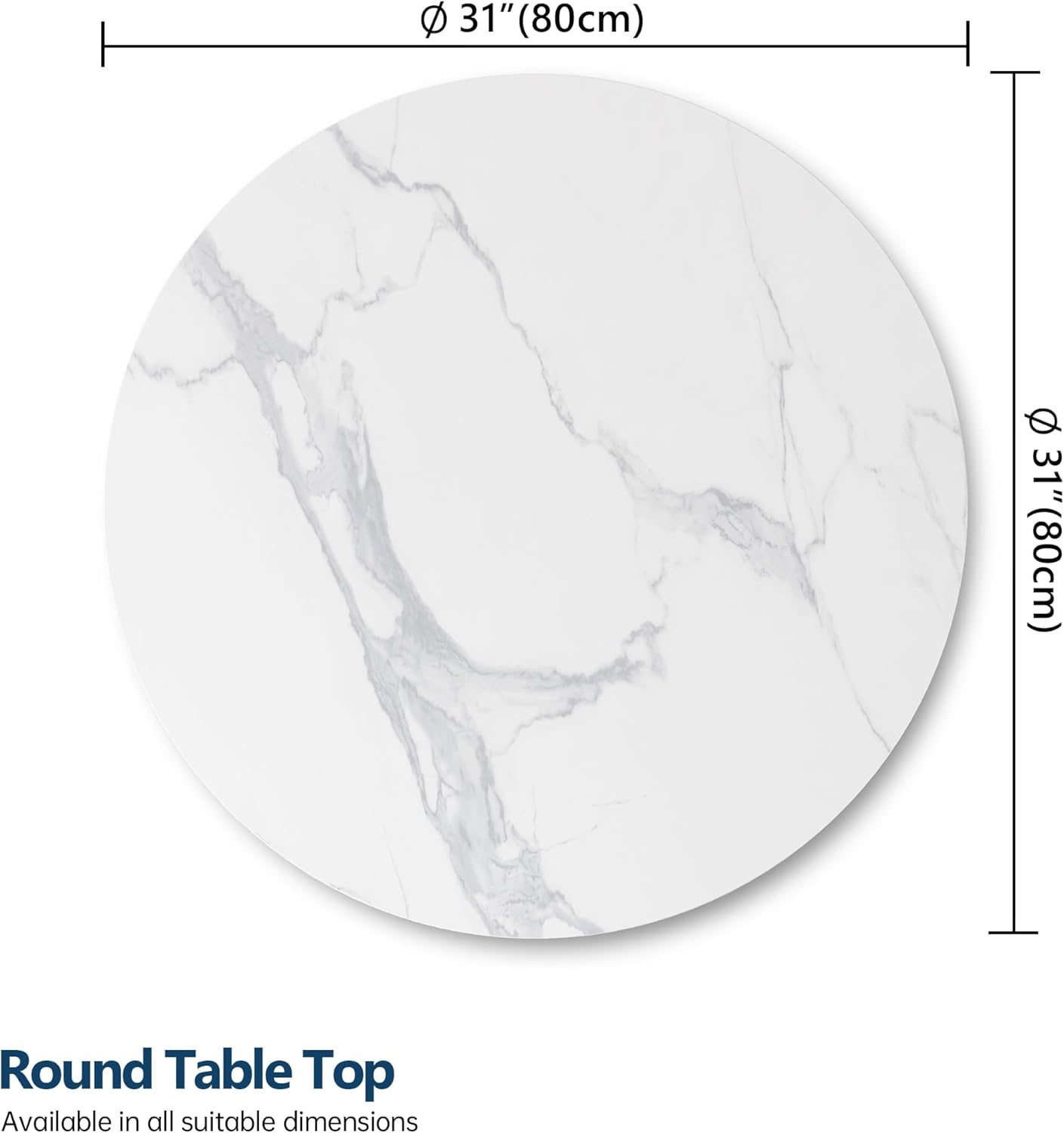 White 80CM Round Sintered Stone Table Top - Indoor & Outdoor Replacement Table Surface | Heatproof, Scratch Resistant & Waterproof Ceramic Desktop for Patio, Balcony, Bistro, Café & Dining Room
