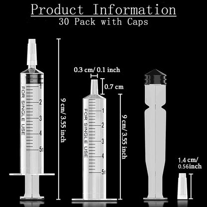 30PCS 5ml Syringe with caps no needle individually sealed for Scientific Labs, Measuring Liquids, Feeding Pets,Watering, Refilling,Oil or Glue Applicator