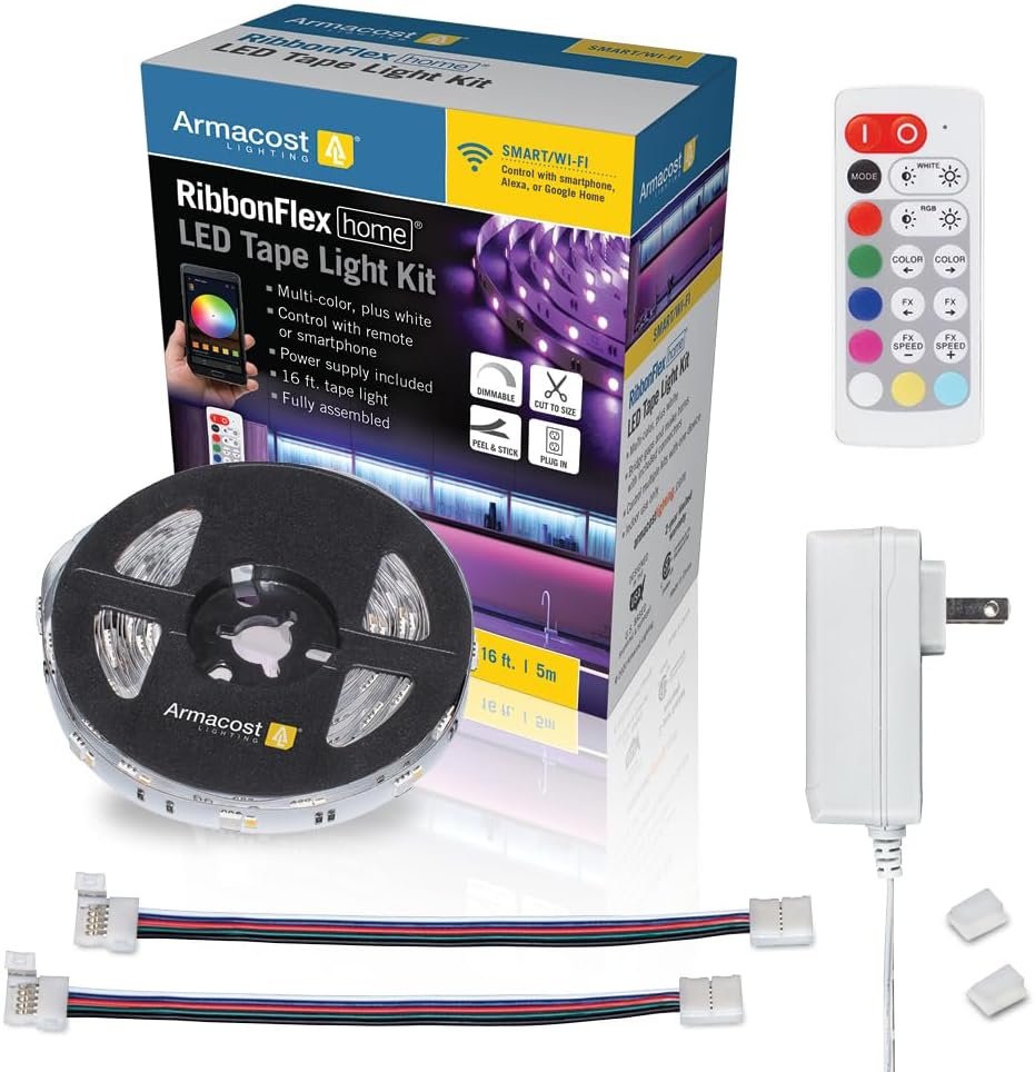 Armacost Lighting 423500 RibbonFlex Home 16ft. RGB+W Smart LED Tape Light Kit, multi-color and white