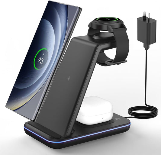 Wireless Charger for Samsung&Android: GEEKERA 3 in 1 Charging Station for Galaxy Watch7 Pro/4/3/Active2/1 - Phone Charger Stand for S24/S23 Ultra/S22/S21/S20/Note 20, Z Fold&Flip Series, Buds 3 Pro