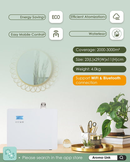 Mxmoonant Essential Oil Diffuser, Waterless, 3000m³ Cover, 1000 ml Oil Bottle, Wall Mounted, Electric, App Control, HVAC Connectable for Large Rooms, Home, Office, Hotel