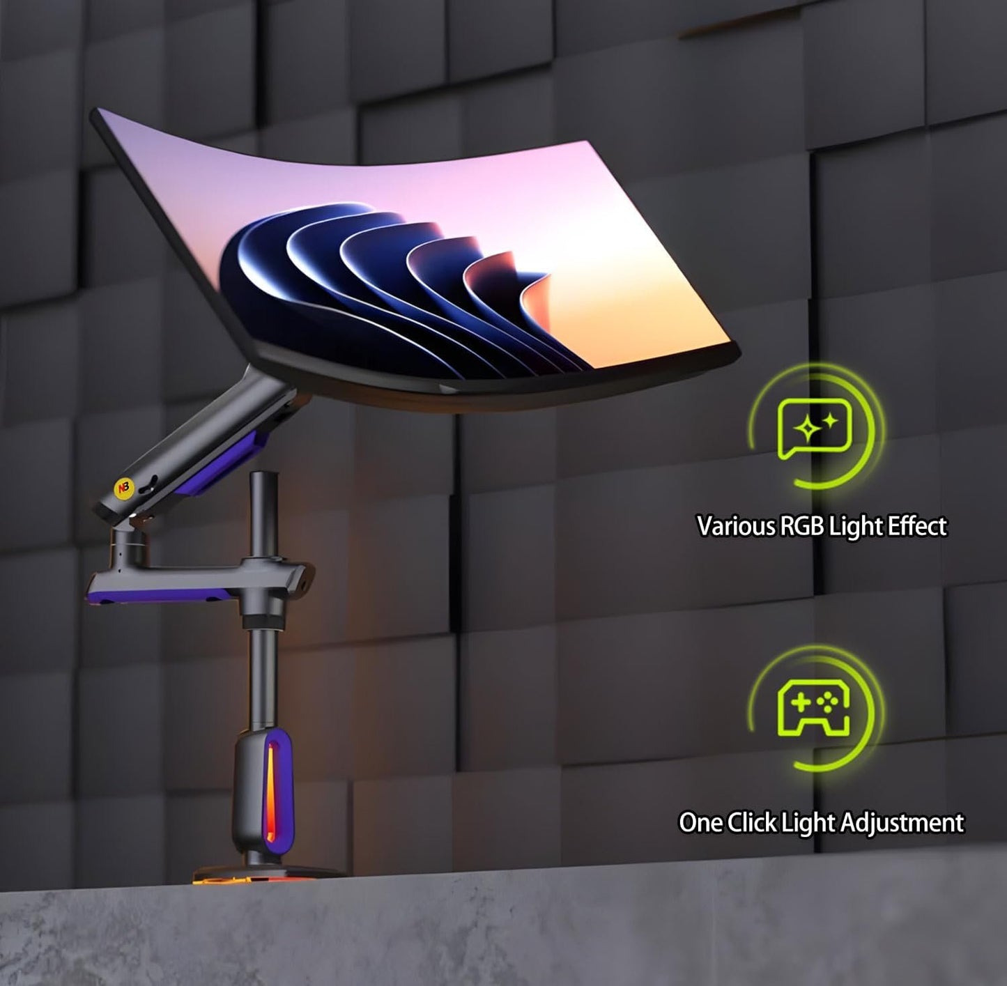NB ERGONOMIC RGB Gaming Monitor-Arm for Flat/Ultrawide/Curved Monitors 32 to 60 inch, Heavy Duty Stand Load up to 20 kg, VESA 75/100 mm Monitor Mount G80
