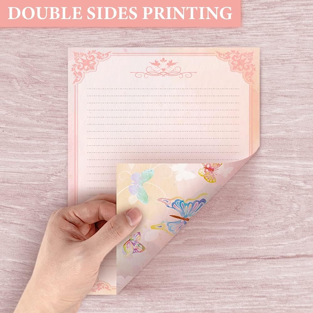 Watercolor Butterfly Stationery Paper (Lined Single Side) 48 Pieces and Self-Sealing Envelopes 24 PC Set, 27 lb Heavy Weight, Pink Letter Writing Stationary 11" x 8.5" with Letterhead