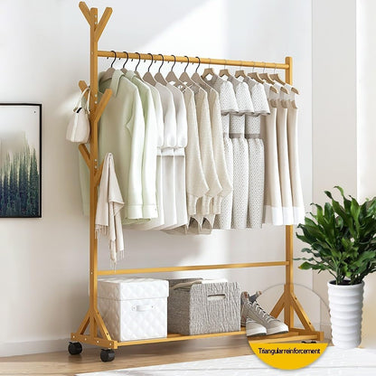 Generico Appendiabiti in bambù Resistente con Ruote e vano portascarpe - Supporto per Abiti Mobile per Camera da Letto, gruccia con Barre Appendiabiti, Organizer Elegante e Funzionale