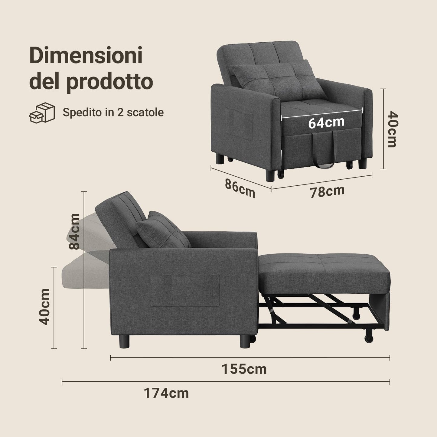 Xbro 3 in 1 Single Armchair Bed, Adjustable Backrest, Space-Saving Relax Sofa with Integrated Bag for Apartment/Bedroom